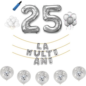 Set baloane La Multi Ani , pentru 25 ani, cifra 1 metru ,Argintiu Set baloane La Multi Ani , pentru 25 ani, cifra 1 metru ,Argintiu