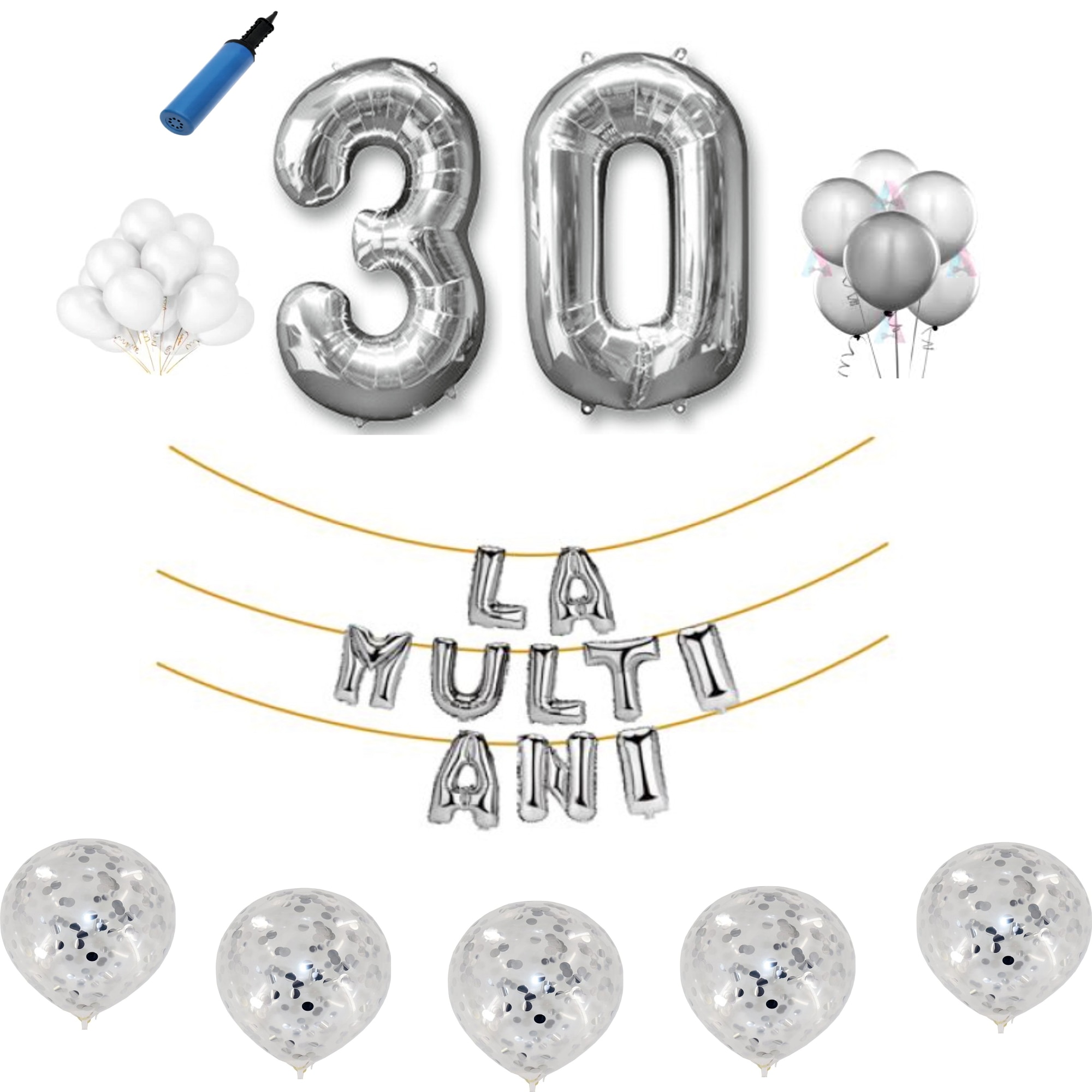 Set baloane La Multi Ani , pentru 30 ani, cifra 1 metru ,Argintiu