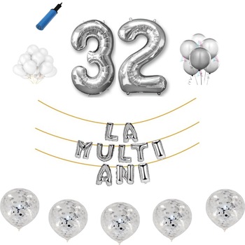 Set baloane La Multi Ani , pentru 32 ani, cifra 1 metru ,Argintiu Set baloane La Multi Ani , pentru 32 ani, cifra 1 metru ,Argintiu