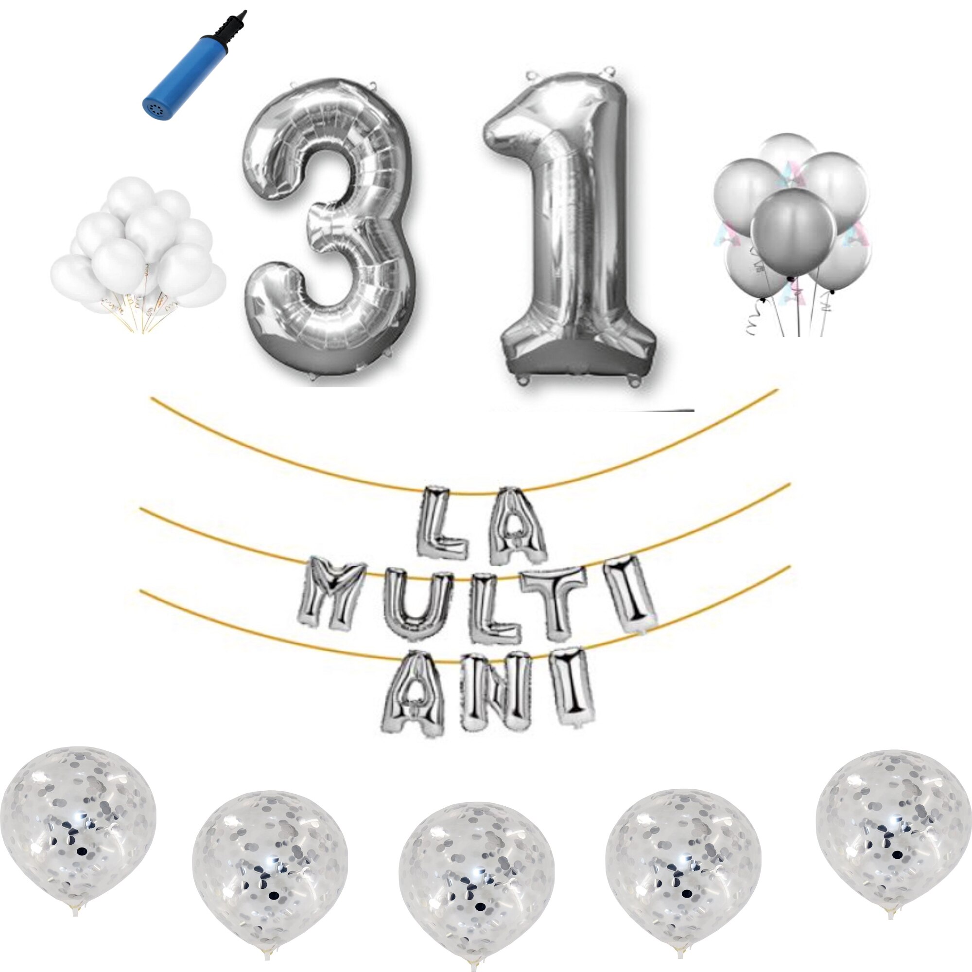 Set baloane La Multi Ani , pentru 31 ani, cifra 45 cm ,Argintiu