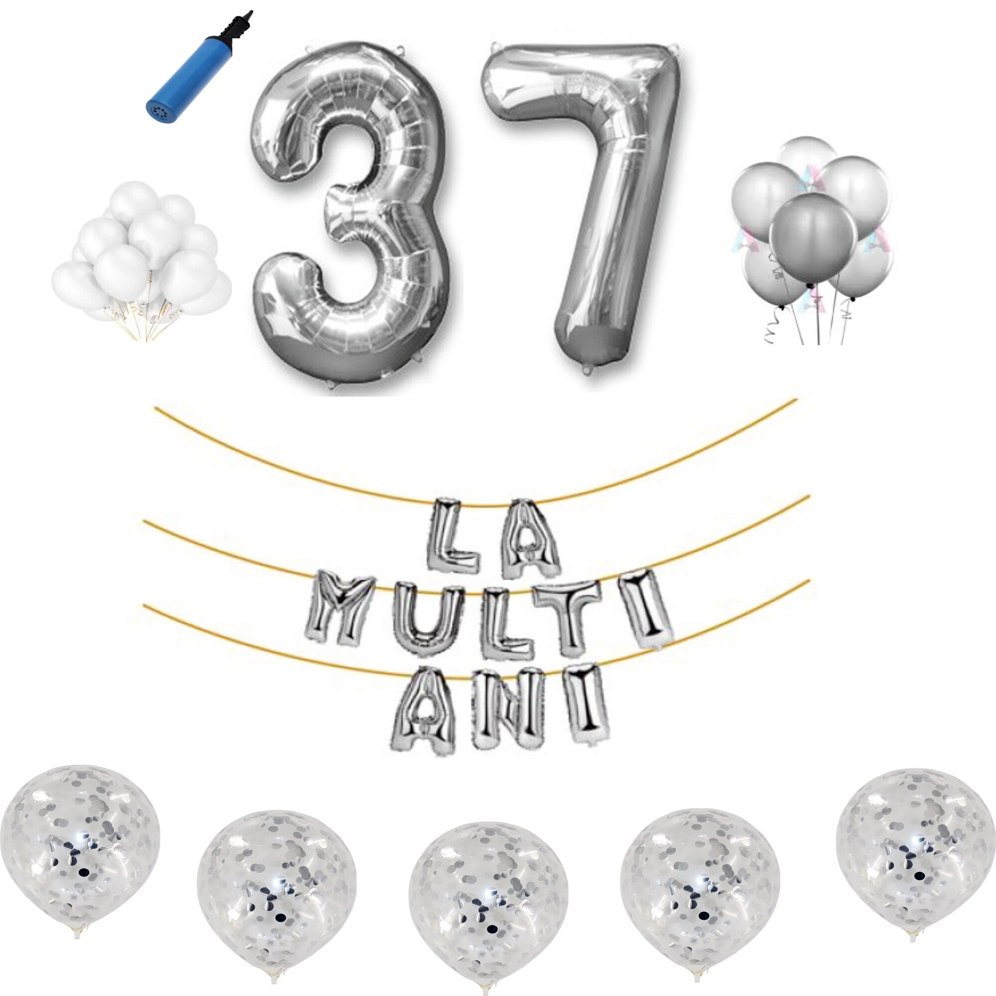 Set baloane La Multi Ani , pentru 37 ani, cifra 1 metru ,Argintiu