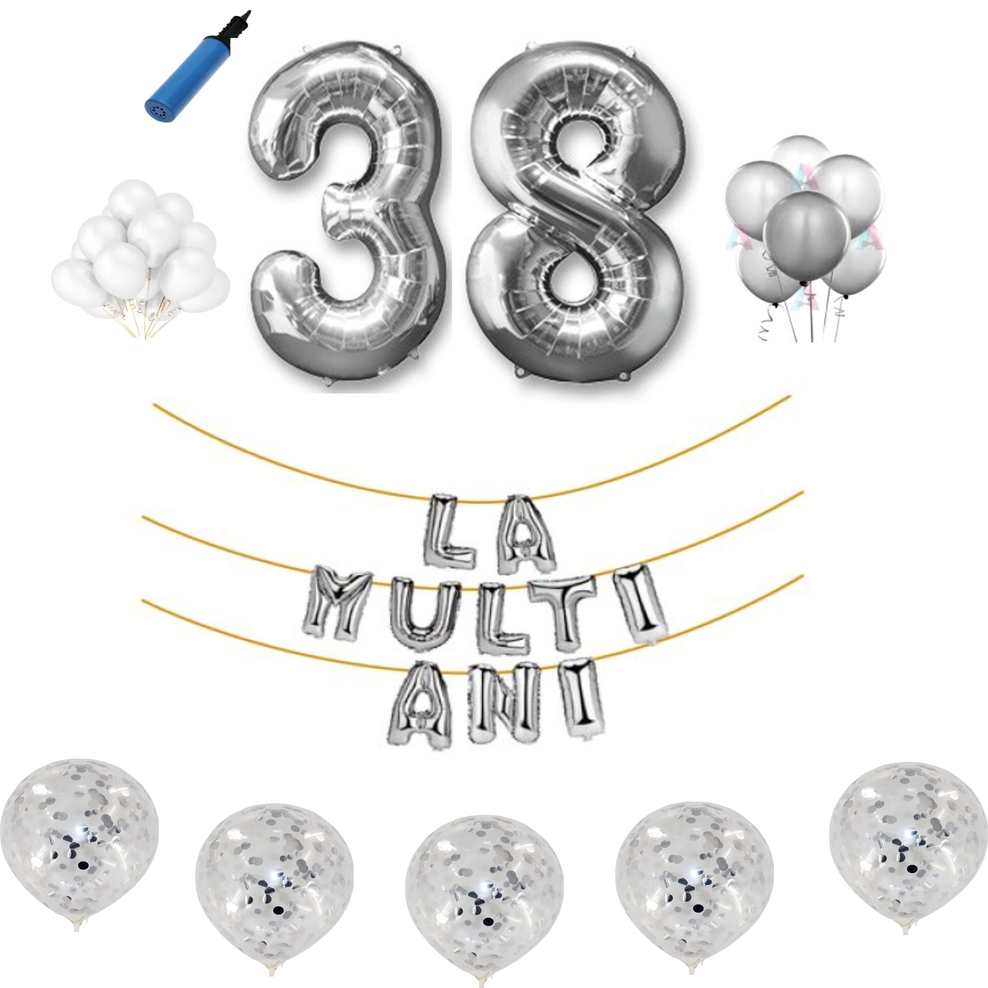 Set baloane La Multi Ani , pentru 38 ani, cifra 45 cm ,Argintiu