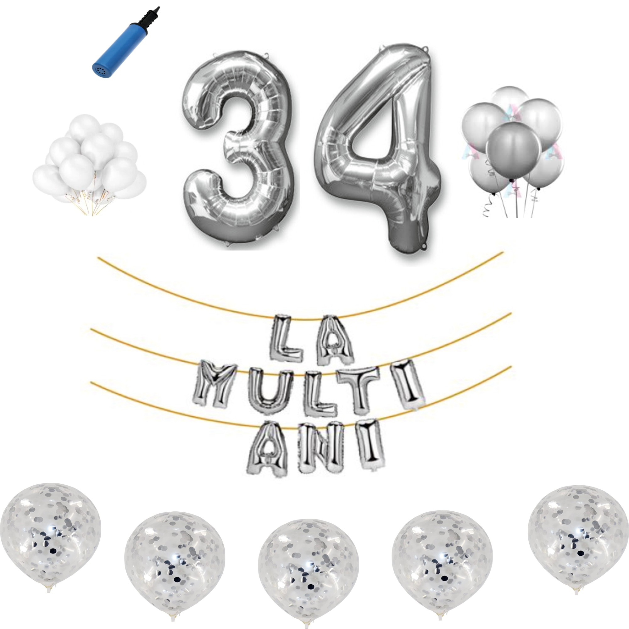 Set baloane La Multi Ani , pentru 34 ani, cifra 45 cm , Argintiu