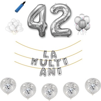 Set baloane La Multi Ani , pentru 42 ani, cifra 1 metru ,Argintiu Set baloane La Multi Ani , pentru 42 ani, cifra 1 metru ,Argintiu