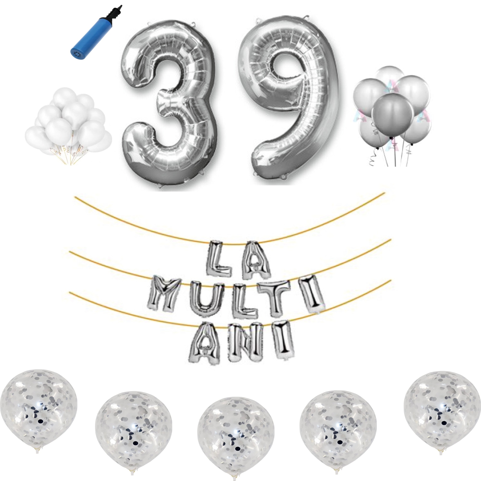 Set baloane La Multi Ani , pentru 39 ani, cifra 45 cm ,Argintiu