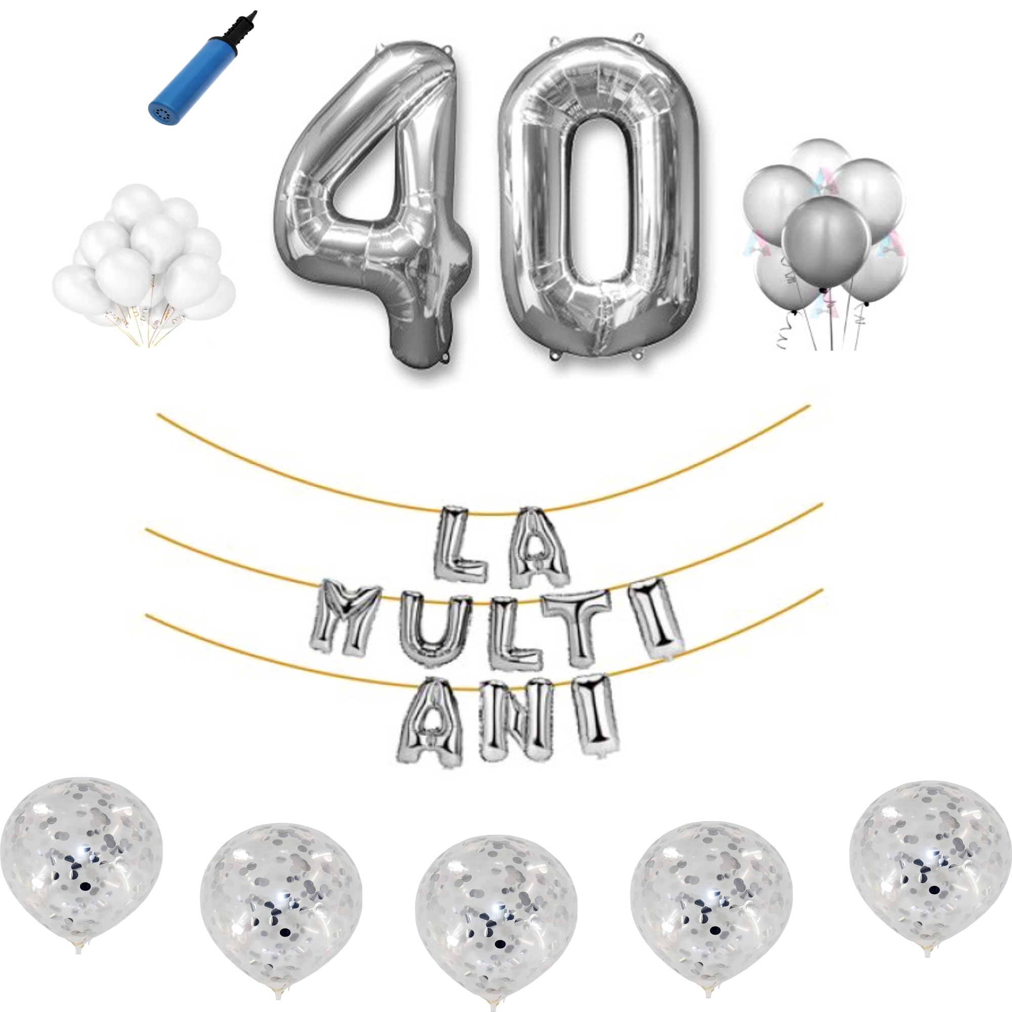 Set baloane La Multi Ani , pentru 40 ani, cifra 45 cm , Argintiu