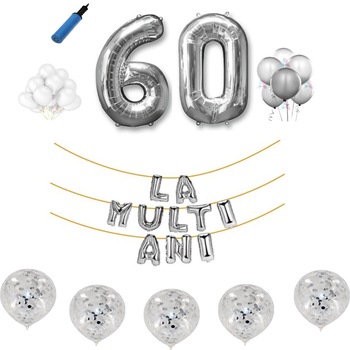 Set baloane La Multi Ani , pentru 60 ani, cifra 45 cm ,Argintiu Set baloane La Multi Ani , pentru 60 ani, cifra 45 cm ,Argintiu