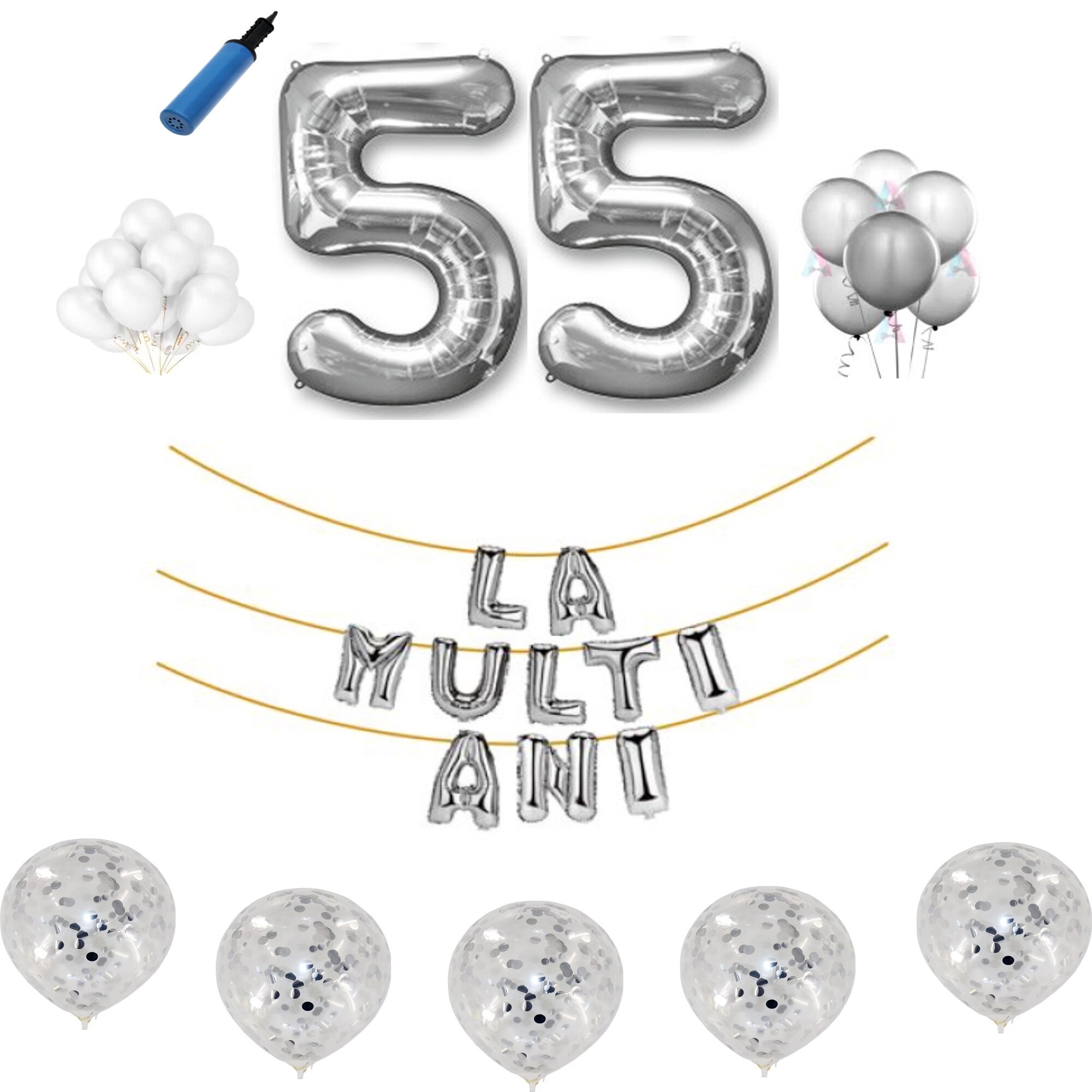 Set baloane La Multi Ani , pentru 55 ani, cifra 45 cm ,Argintiu