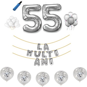 Set baloane La Multi Ani , pentru 55 ani, cifra 45 cm ,Argintiu Set baloane La Multi Ani , pentru 55 ani, cifra 45 cm ,Argintiu