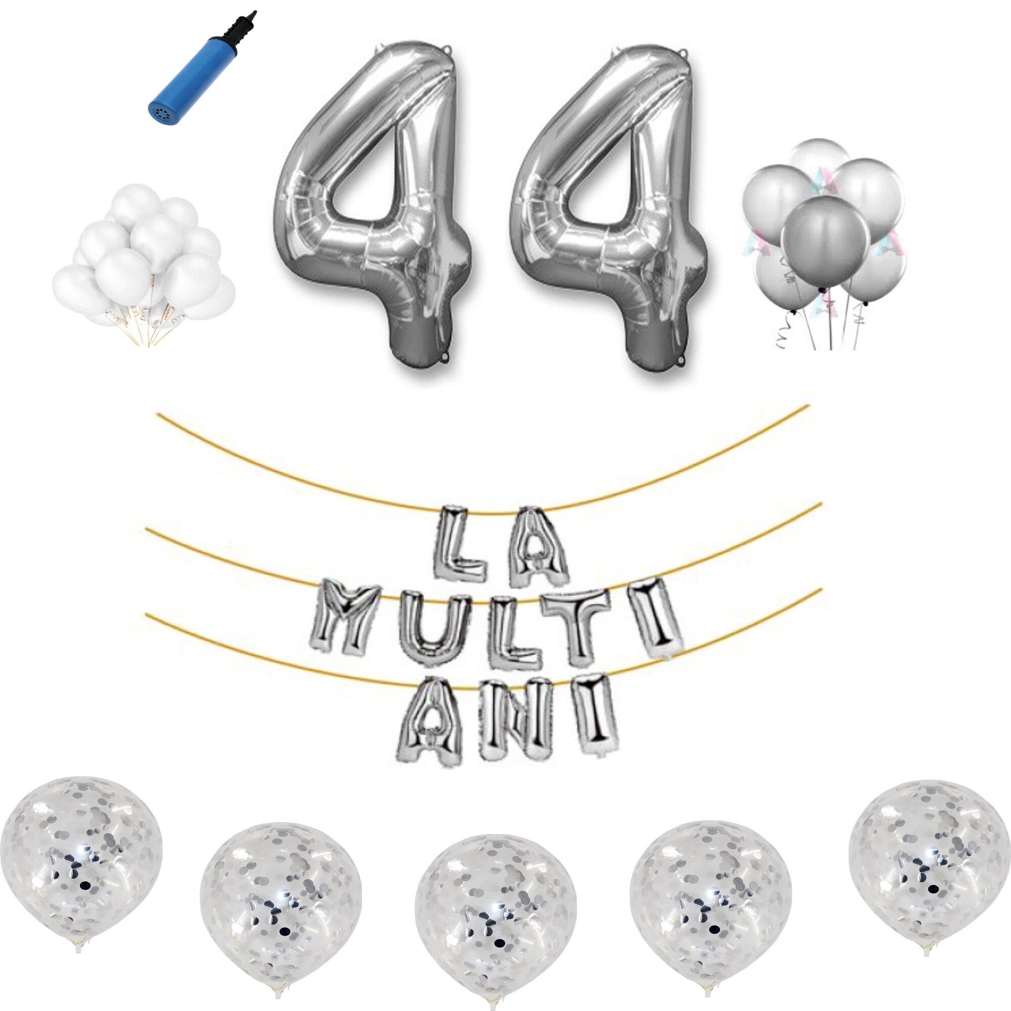 Set baloane La Multi Ani , pentru 44 ani, cifra 1 metru ,Argintiu
