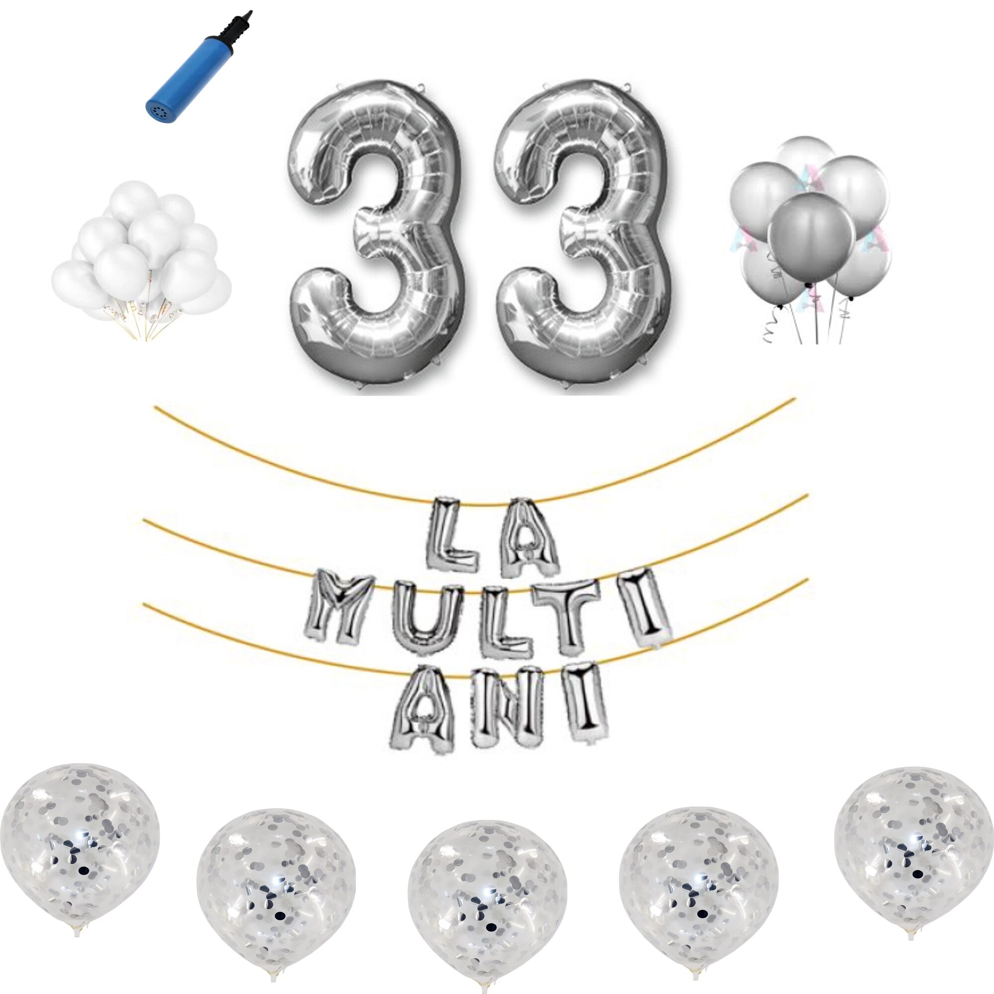 Set baloane La Multi Ani , pentru 33 ani, cifra 1 metru ,Argintiu