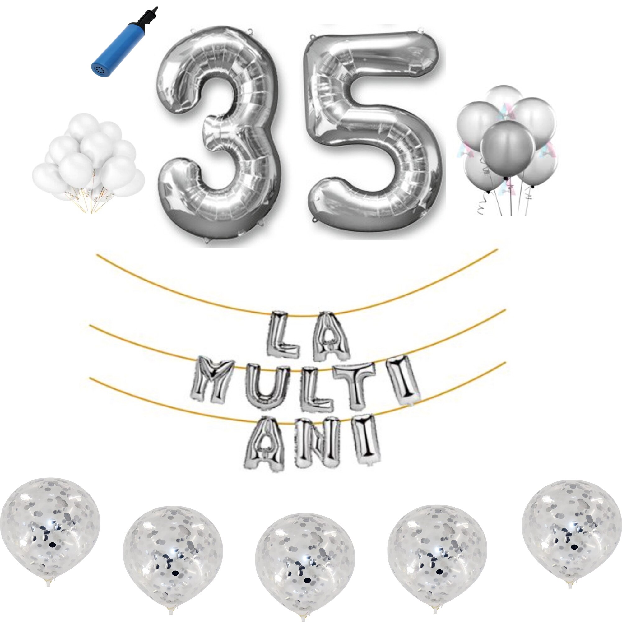 Set baloane La Multi Ani , pentru 35 ani, cifra 45 cm ,Argintiu