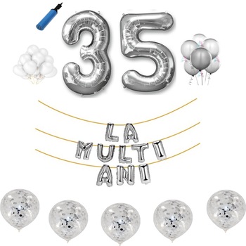 Set baloane La Multi Ani , pentru 35 ani, cifra 1 metru ,Argintiu Set baloane La Multi Ani , pentru 35 ani, cifra 1 metru ,Argintiu