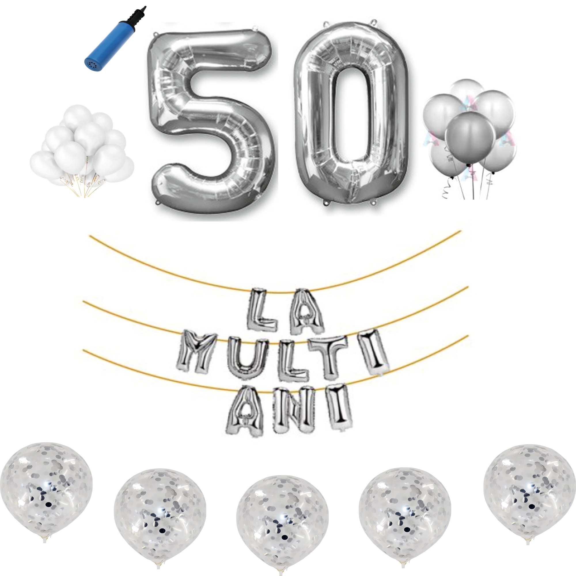 Set baloane La Multi Ani , pentru 50 ani, cifra 1 metru ,Argintiu