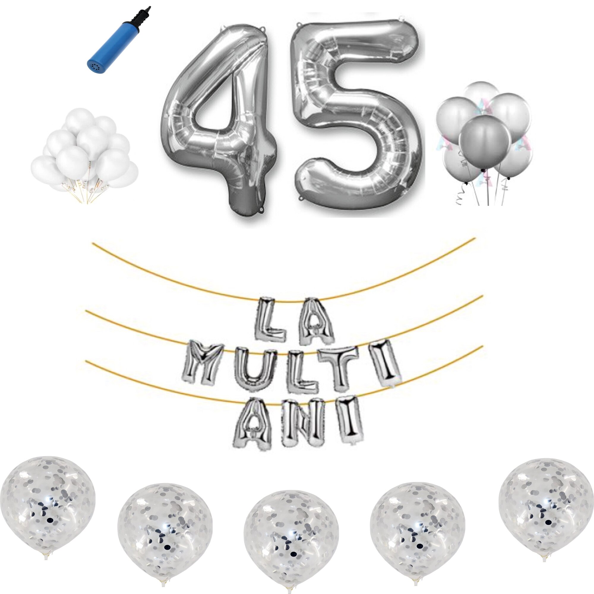 Set baloane La Multi Ani , pentru 45 ani, cifra 45 cm ,Argintiu