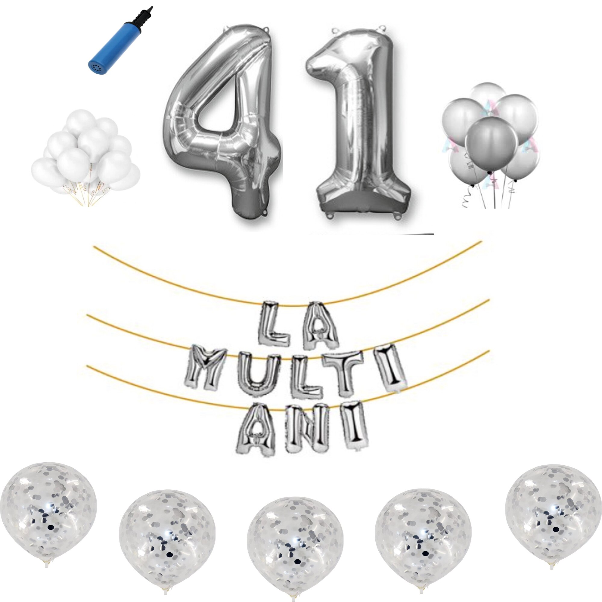 Set baloane La Multi Ani , pentru 41 ani, cifra 45 cm ,Argintiu