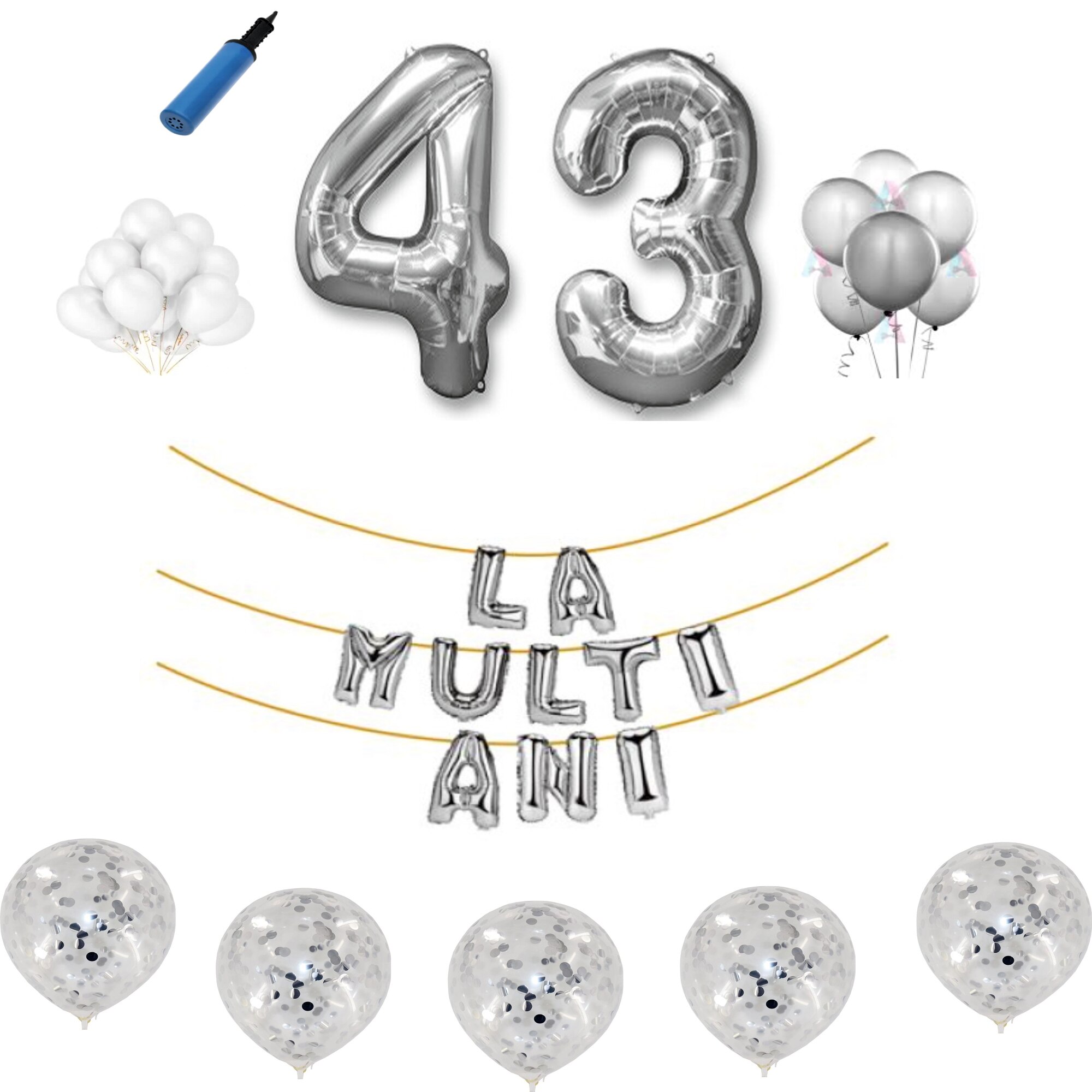 Set baloane La Multi Ani , pentru 43 ani, cifra 45 cm , Argintiu