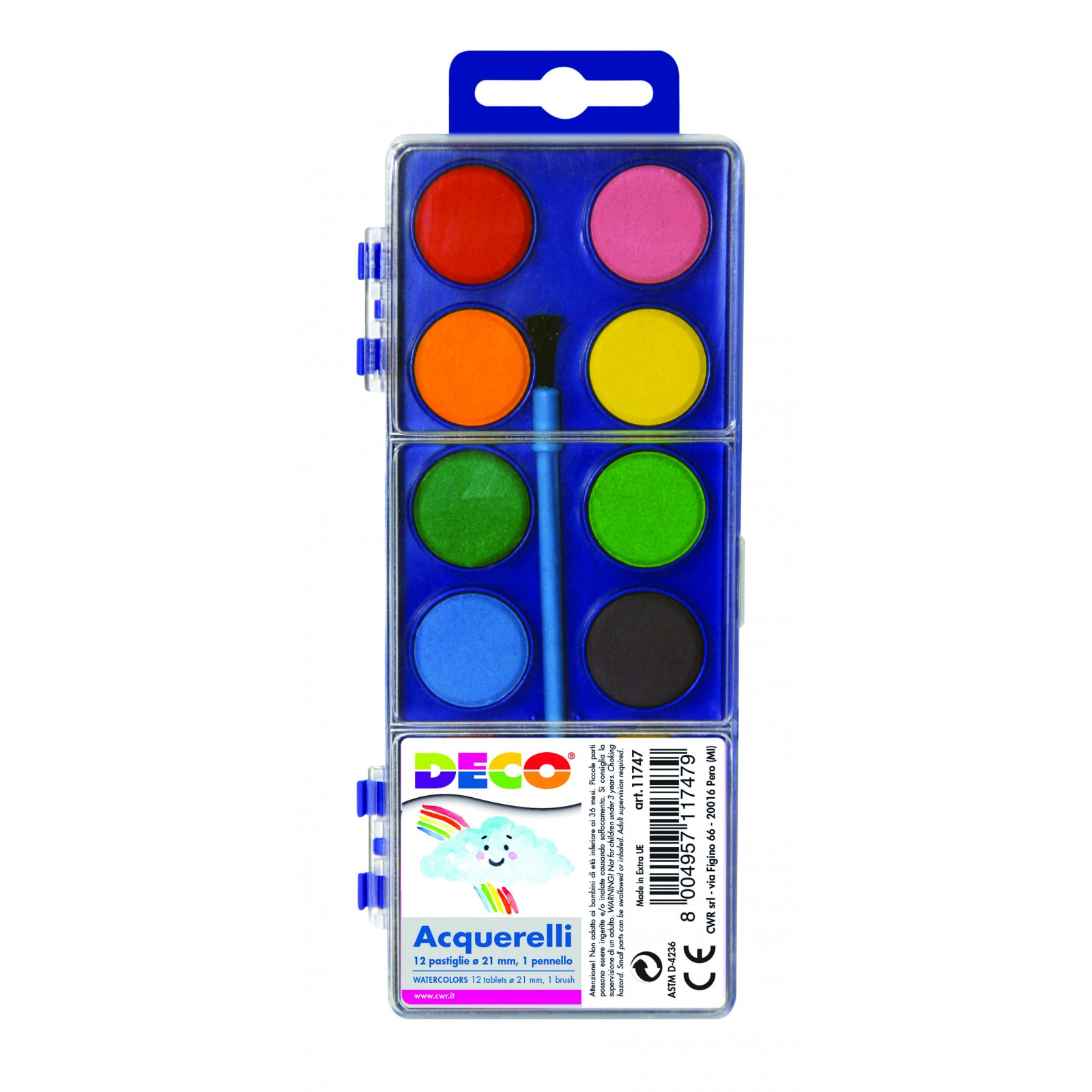 Set acuarela DECO 12 culori cu diametru pastila 21mm si o pensula de 4