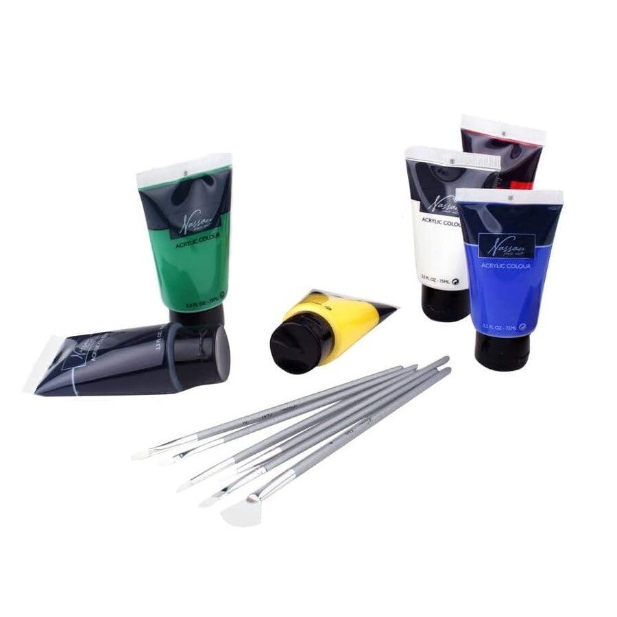Set culori tempera acrilic Nassau 9 culorix75ml cu 6 pensule