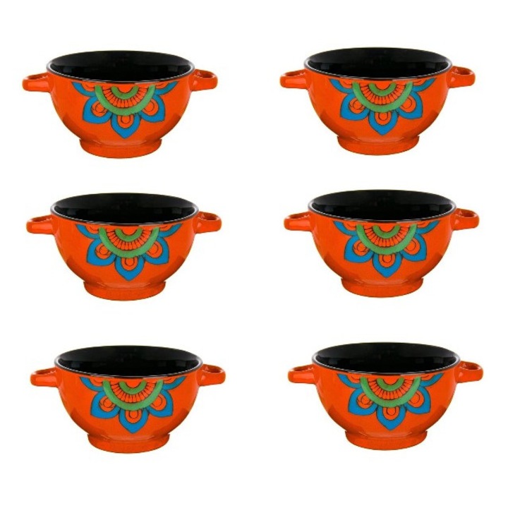 Set format din 6 boluri de servit din ceramica pentru supa, cu manere, de culoare portocaliu, 650 ml