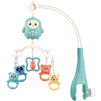 Carusel muzical rotativ cu telecomanda Happy Owl, Muzica si lumina, 5 Jucarii detasabile, Turcoaz Carusel muzical rotativ cu telecomanda Happy Owl, Muzica si lumina, 5 Jucarii detasabile, Turcoaz