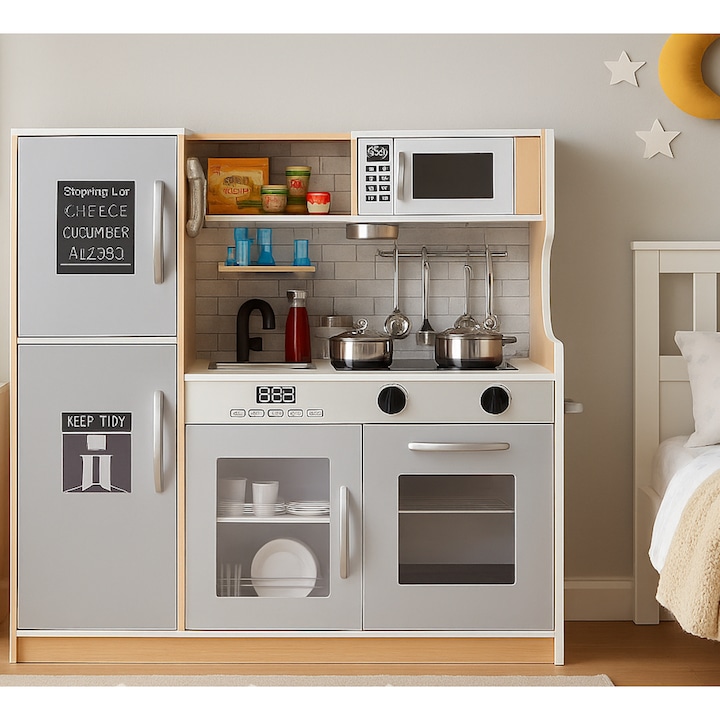 Bucatarie din Lemn idealStore New Kitchen Kruzel, Dotata cu Telefon, Frigider, Cuptor, Masina de Spalat Vase