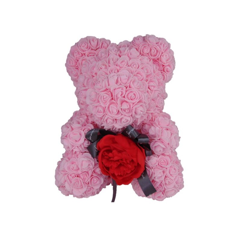 Ursulet trandafiri Roz din spuma, Hand Made, inaltime 40 cm, cutie decocarativa