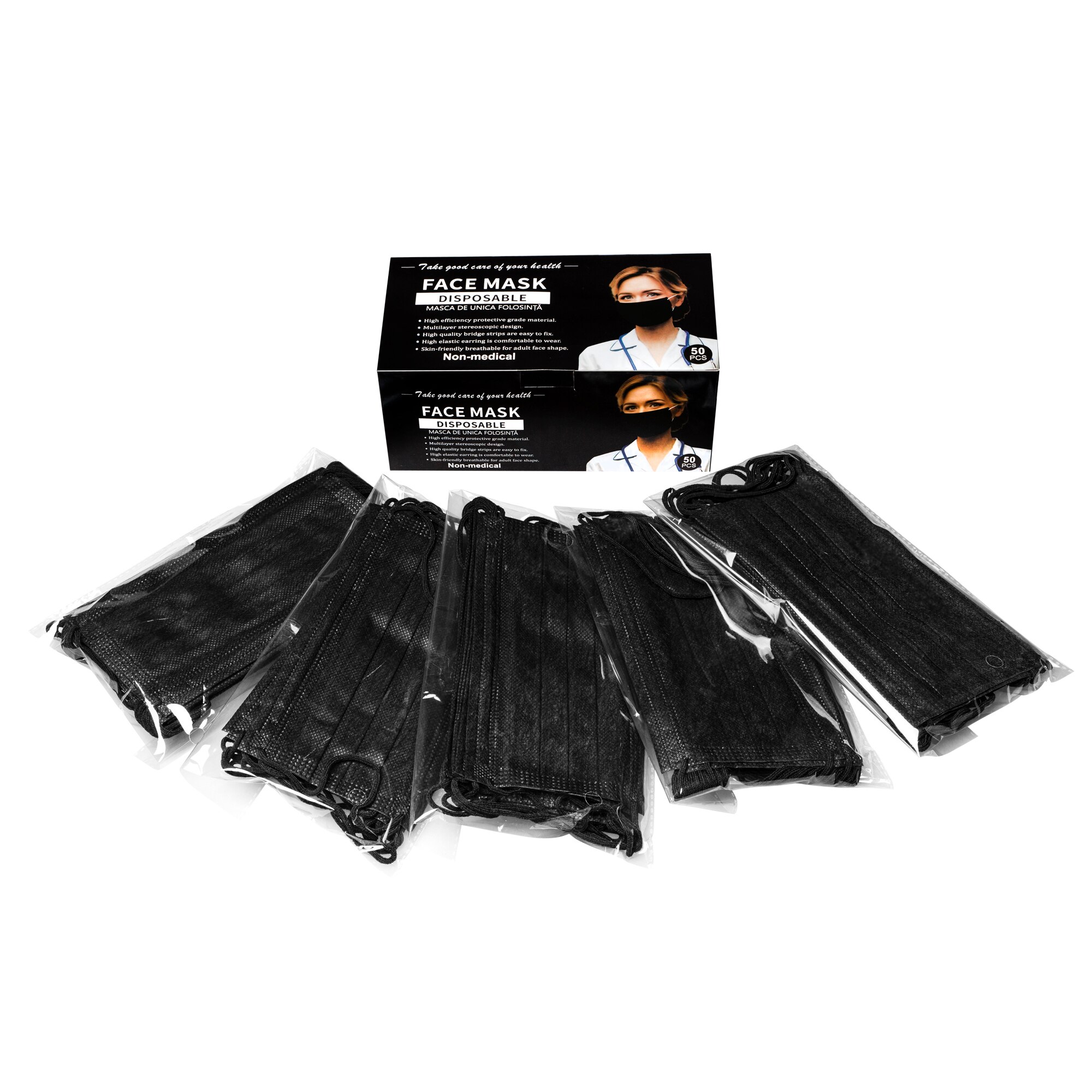 Set 50 bucati Masca faciala, 5 x 10 ambalate, de unica folosinta, 3 straturi, Negre