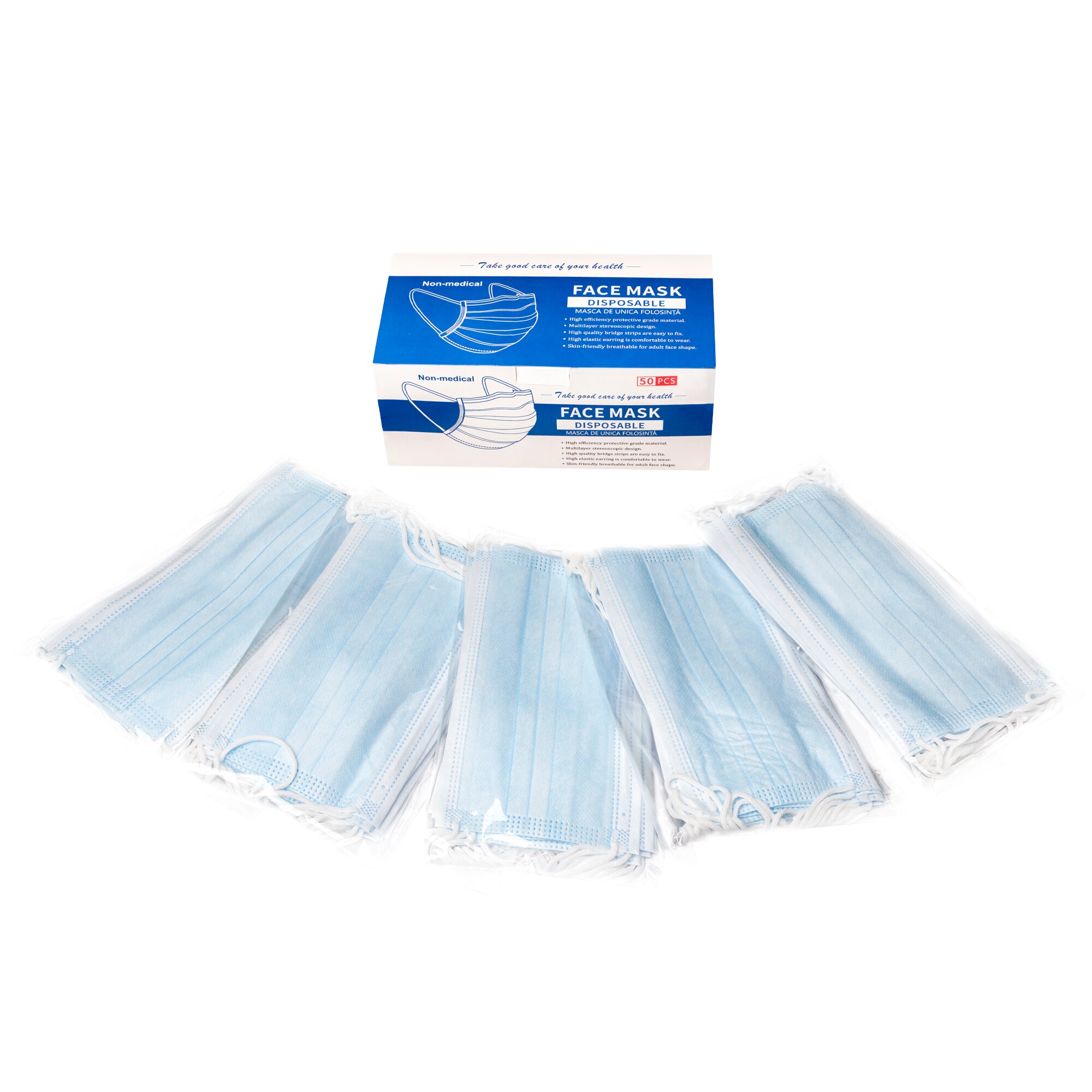 Set 50 bucati Masca faciala, 5 x 10 ambalate, de unica folosinta, 3 straturi, Albastru