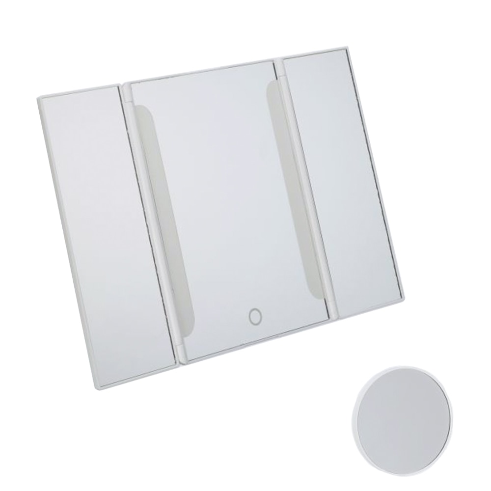 Oglinda cosmetica cu led si touch + oglinda 10X, Relaxdays, pliabila, baterii/USB, 24 x 35 cm, alb