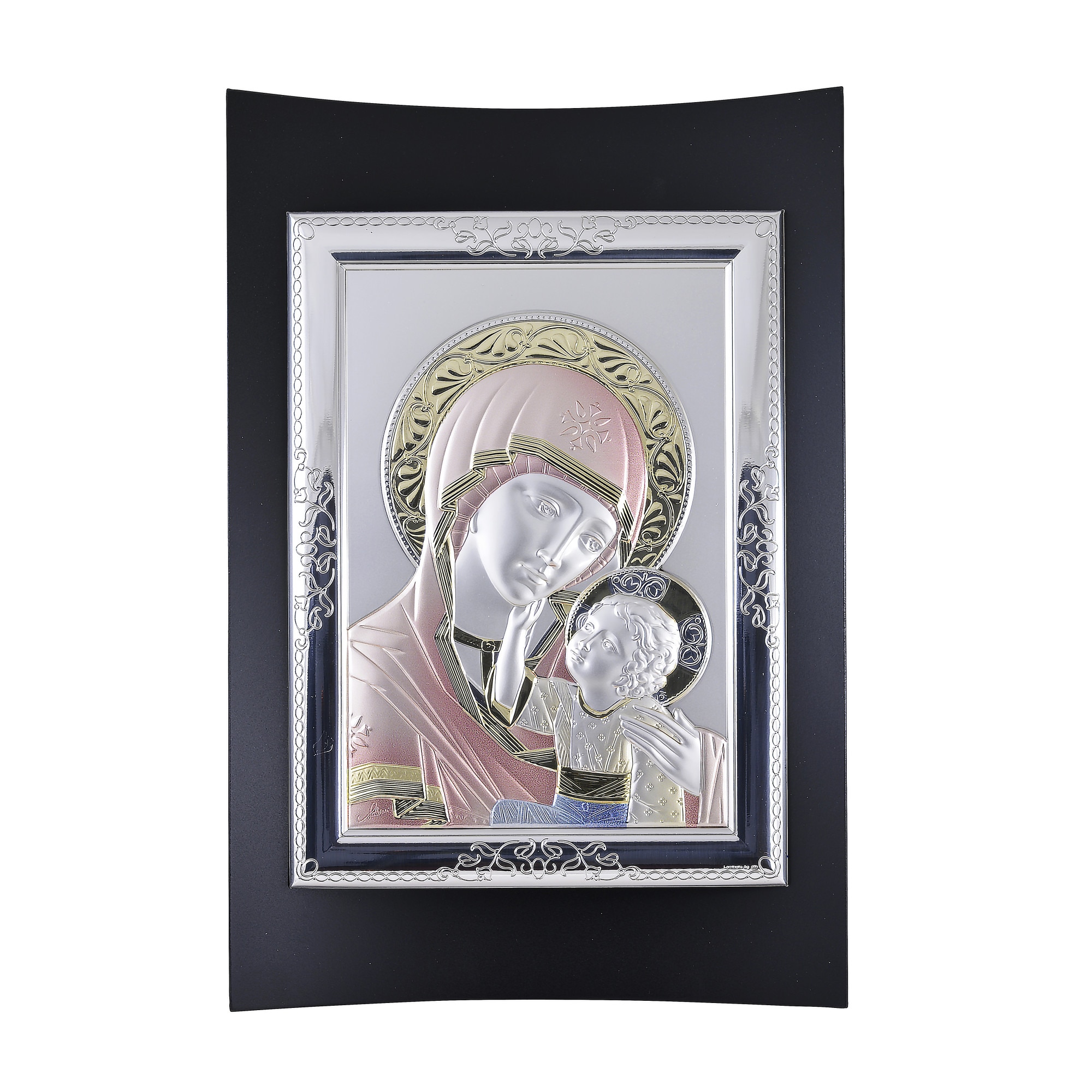 Icoana placata cu argint in lemn finisat culoare neagra, pictata manual - Maria cu pruncul - Ortodox, Drept, 24x16 cm, 2/3