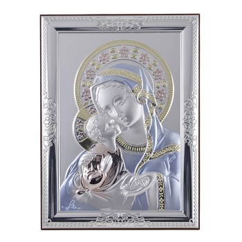 Icoana placata cu argint, pictata manual - Fecioara Maria si pruncul Iisus - Flori roz, drept, finisaj lemn alun, 12x9 cm, 2/4 Icoana placata cu argint, pictata manual - Fecioara Maria si pruncul Iisus - Flori roz, drept, finisaj lemn alun, 12x9 cm, 2/4