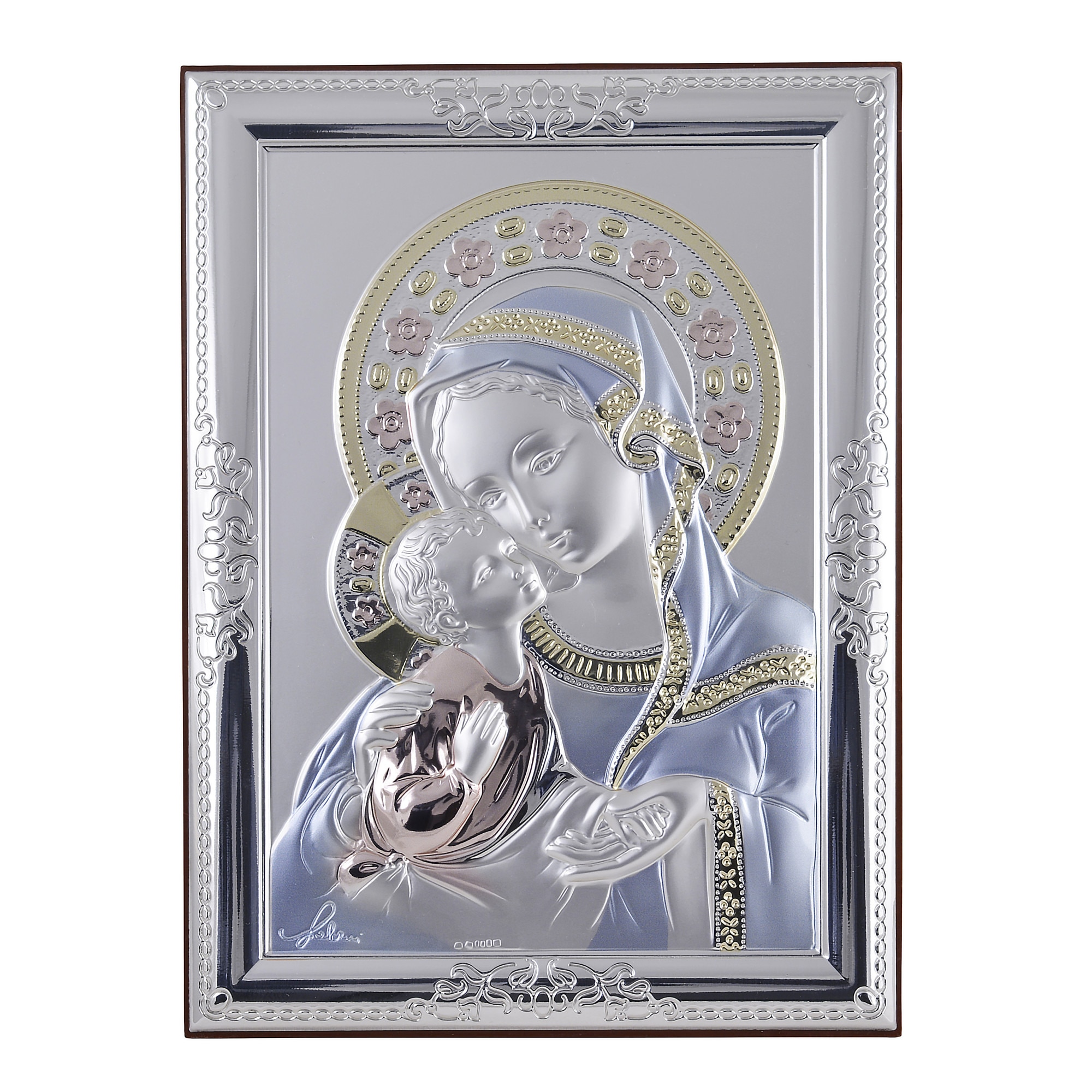 Icoana placata cu argint, pictata manual - Fecioara Maria si pruncul Iisus - Flori roz, drept, finisaj lemn alun, 24x18 cm, 4/4