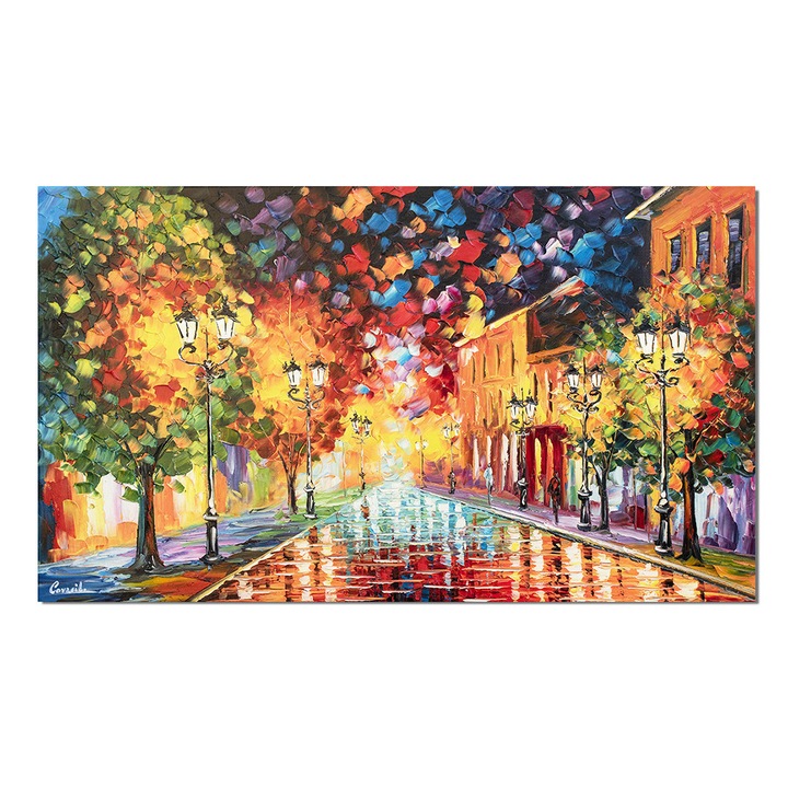 Tablou peisaj citadin pictat manual, La ceas de seara, la lumina felinarelor, 120x70cm ulei pe panza in releif efect 3D