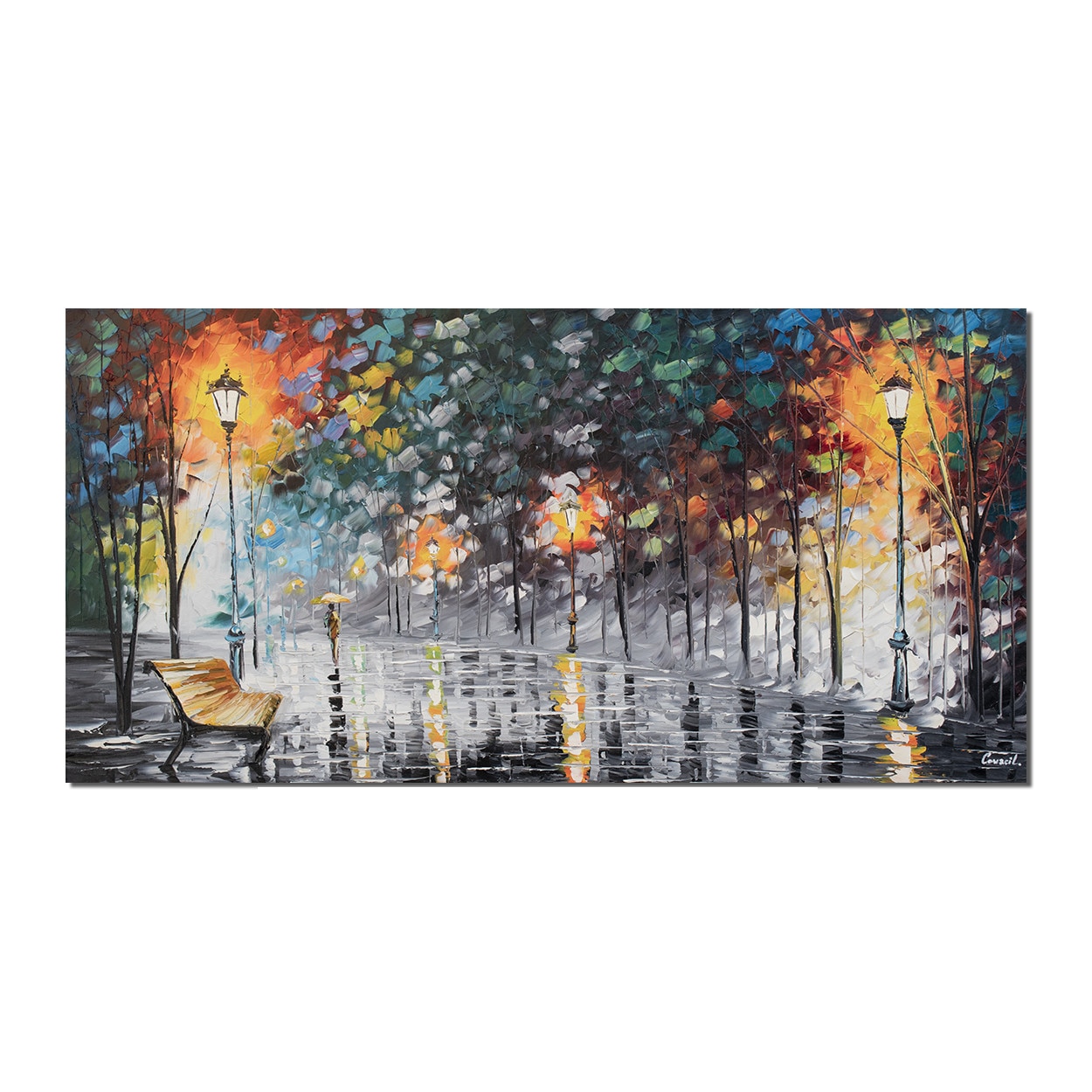 Tablou gigant living, dormitor pictat manual - Plimbare la lumina felinarelor - 140x70cm pictura ulei pe panza in cutit efect 3D