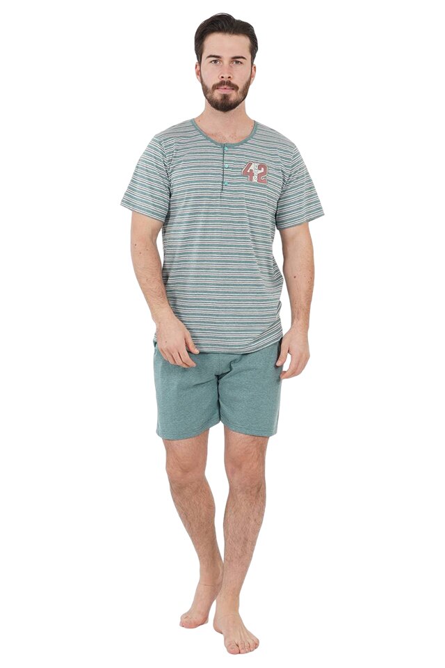Pijamale barbati, Gazzaz by Vienetta, short si bluza cu maneci scurte, model Run 42, dungi, verde, XL