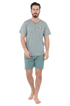Pijamale barbati, Gazzaz by Vienetta, short si bluza cu maneci scurte, model Run 42, dungi, verde, XL Pijamale barbati, Gazzaz by Vienetta, short si bluza cu maneci scurte, model Run 42, dungi, verde, XL