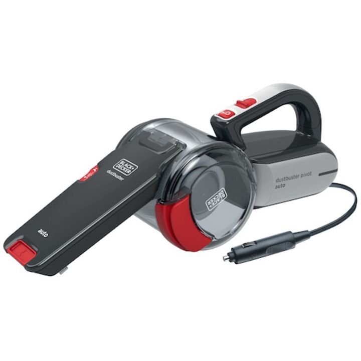 Aspirator auto portabil Black & Decker PV1200AV dustbuster Pivot, 12V, conector bricheta, fara sac, recipient colectare praf 0.44L, putere mare de aspirare, cablu alimentare 5m, 12.5AW, accesorii incluse