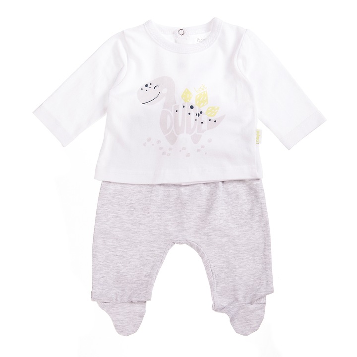 Set 2 piese Babybol, bluza cu pantaloni cu botosei, imprimeu dino, Alb/Gri