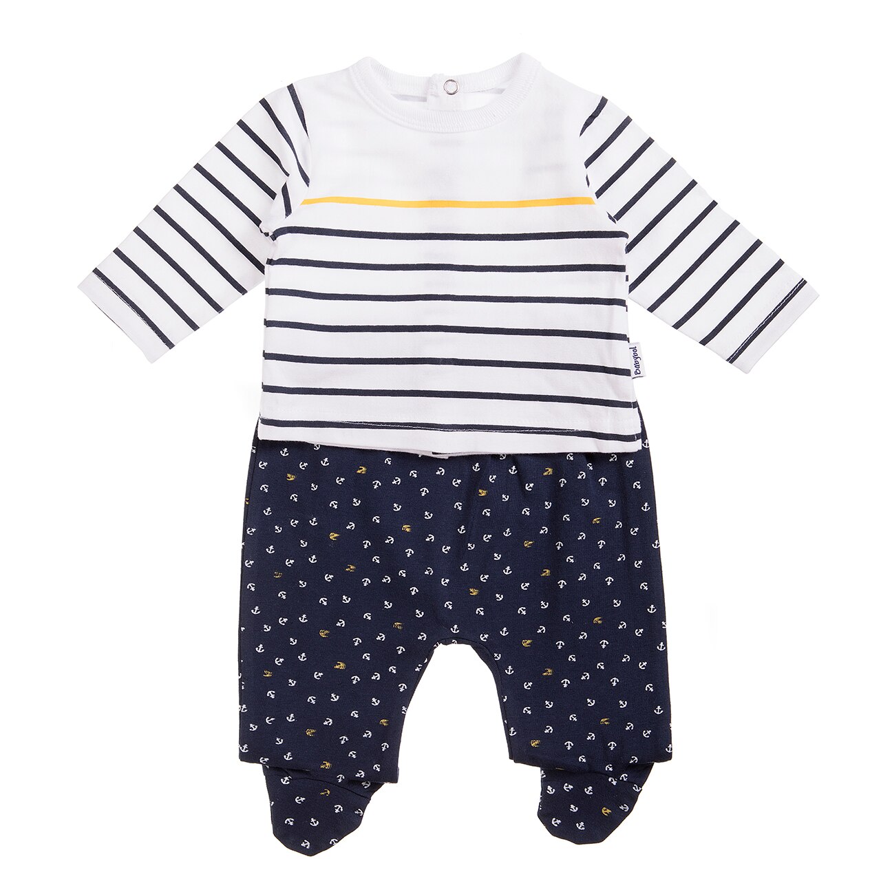 Set 2 piese bebe baiat Babybol, imprimeu ancore, alb/navy, 3 luni