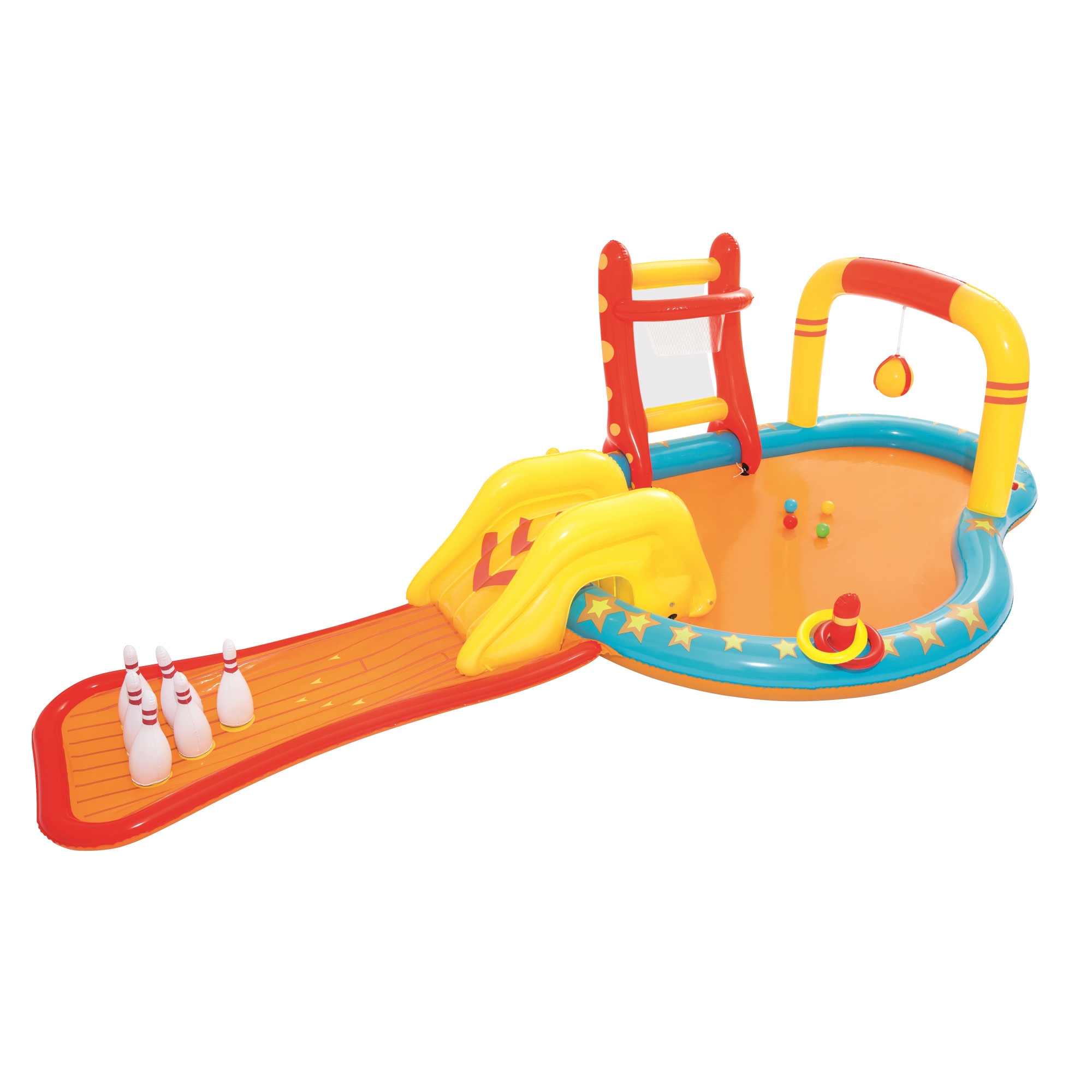 Piscina gonflabila centru de joaca SuperBowlingPool, pista cu 6 popice, stropitoare cu apa suspendata, tobogan, cos inalt cu mingi si pereti moi, 435 x 213 x 117 cm