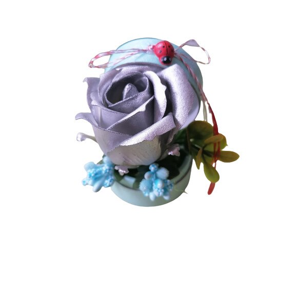 Martisor in cutie cu trandafir din sapun parfumat argintiu