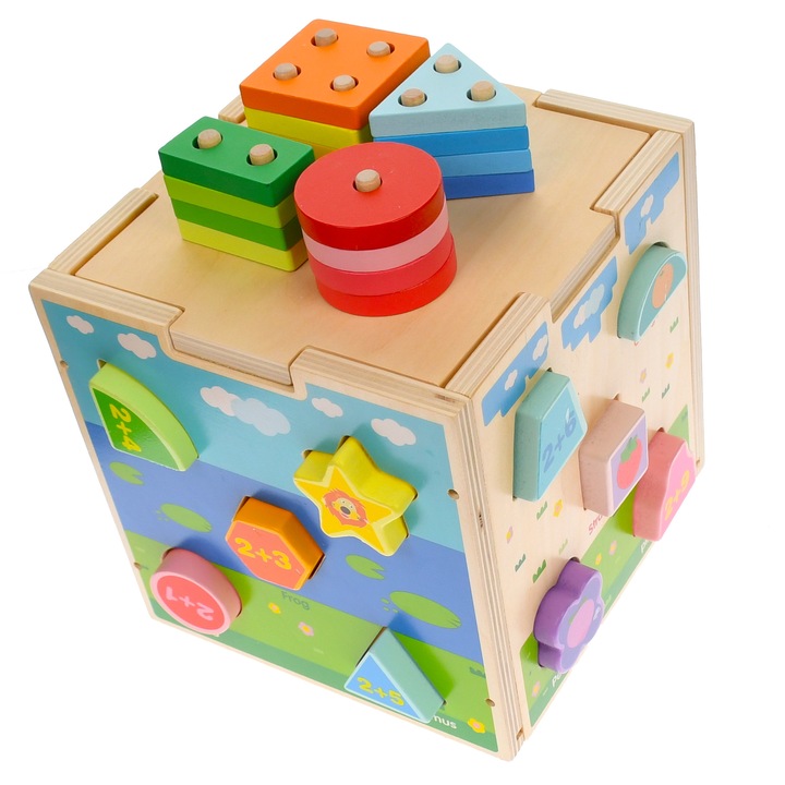Cub din lemn, cu forme, numere si desene - 3315103