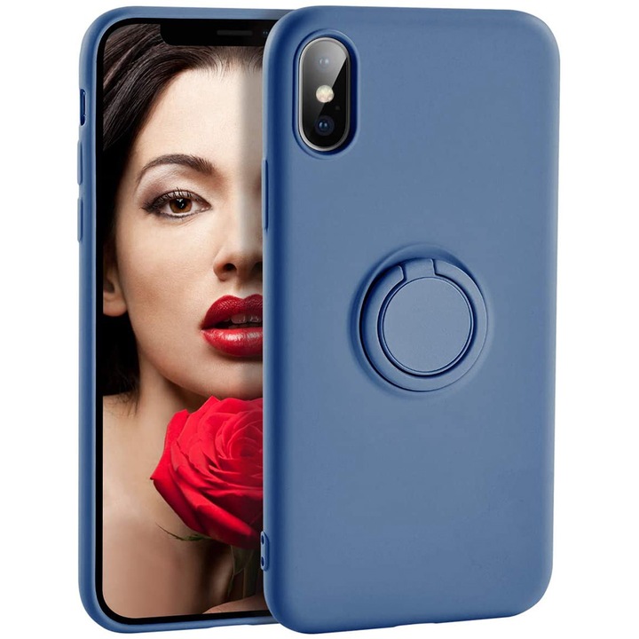 Капак, съвместим с iPhone SE 2 2020, Течен силиконов пръстен, Магнитна опора за въртящ се пръстен, Вътрешност от микрофибър, Защита на камерата, Ултра тънък силикон, Син