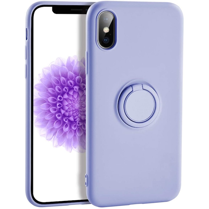 Калъф, съвместим с iPhone SE 2 2020, Течен силиконов пръстен, Магнитна опора за въртящ се пръстен, Вътрешност от микрофибър, Защита на камерата, Ултра тънък силикон, Лилав