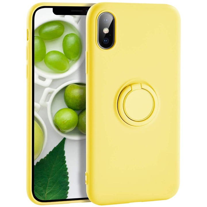 Капак, съвместим с Huawei P Smart 2021, течен силиконов пръстен, магнитна въртяща се опора за пръстена, микрофибърна вътрешност, защита на камерата, ултра тънък силикон, жълт