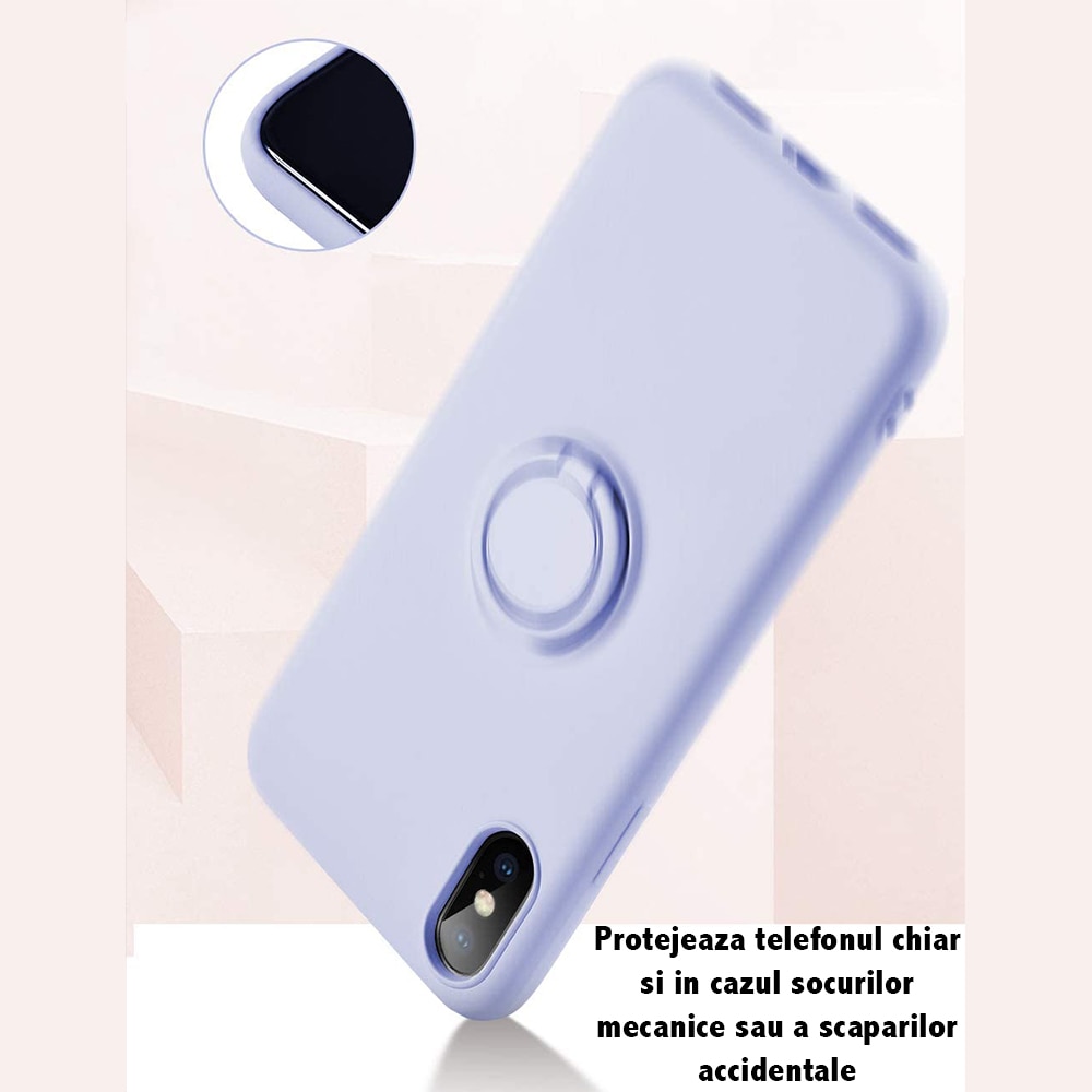 Husa compatibila cu Motorola Moto G9 Play, Liquid Silicone Ring, Suport cu inel rotativ magnetic, Interior din microfibra, Protectie camera, Silicon ultra slim, Mov