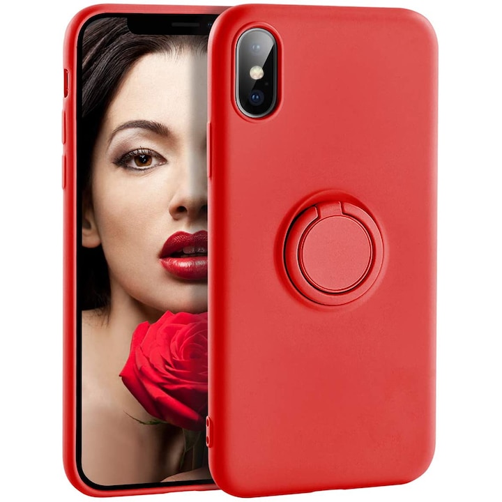 Капак, съвместим с iPhone SE 2 2020, Течен силиконов пръстен, Магнитна опора за въртящ се пръстен, Вътрешност от микрофибър, Защита на камерата, Ултра тънък силикон, Червен