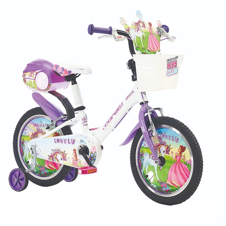 Детски велосипед Corelli Lovely 16", Single-speed, Бял/Лилав, Включени аксесоари