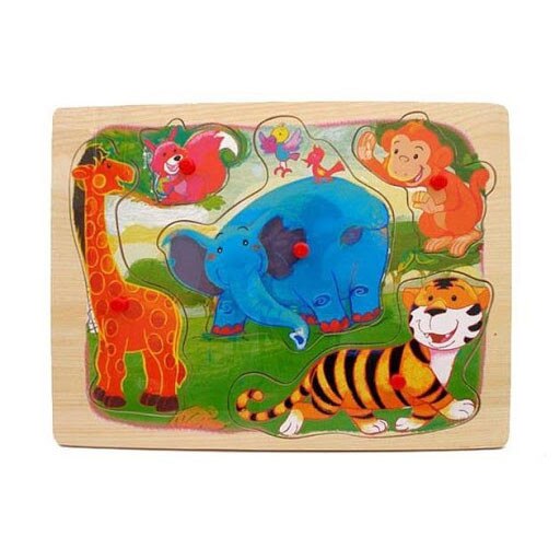 Puzzle lemn - animale jucause in jungla, 5 piese